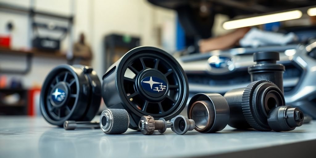 Close-up of Subaru auto parts on a workshop surface.
