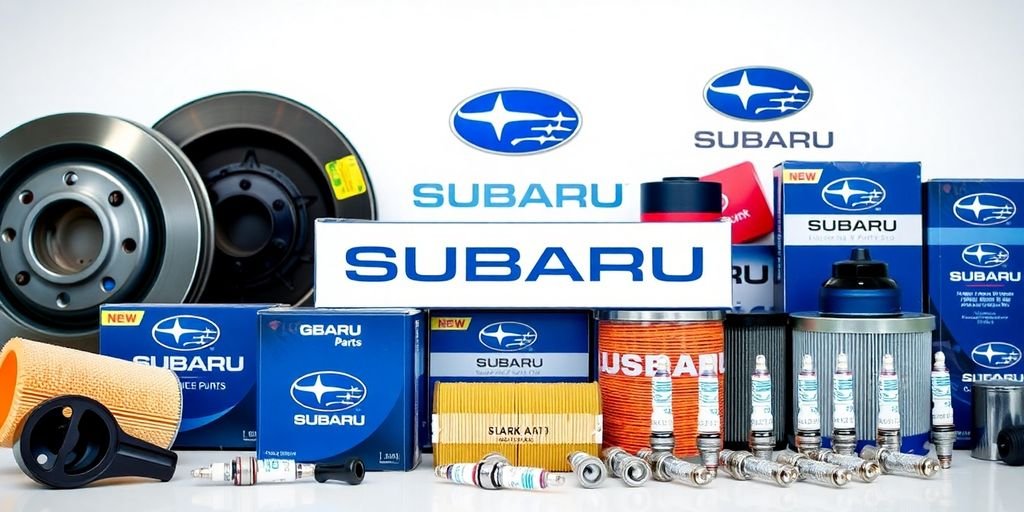 Genuine Subaru parts neatly arranged in a professional display.