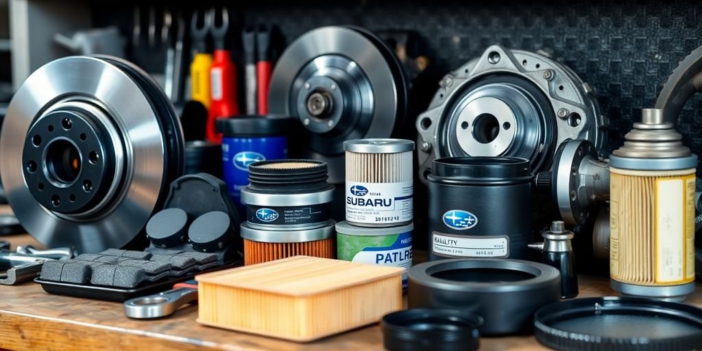 Subaru auto parts displayed on a workshop bench.