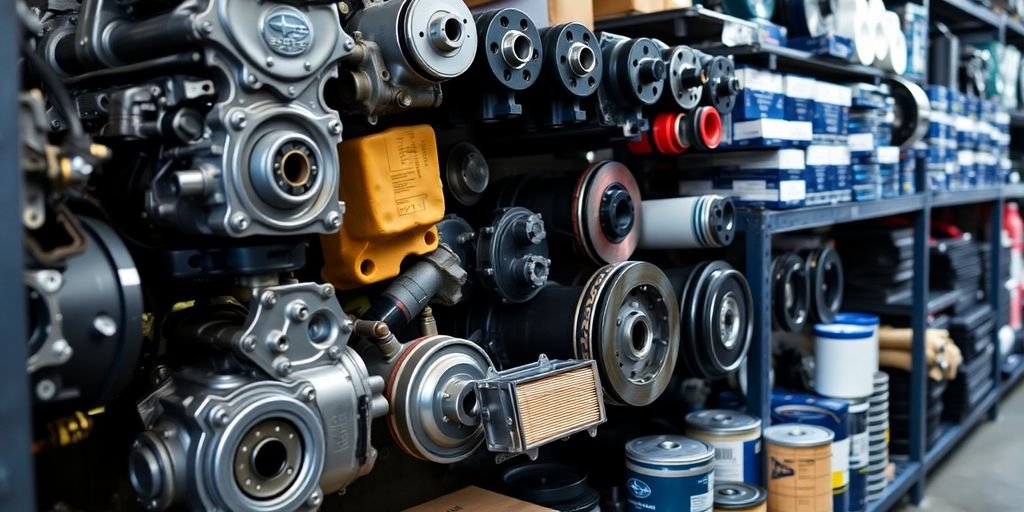 Close-up of Subaru spare parts in a workshop.