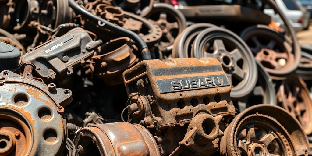 Rusty Subaru parts pile.