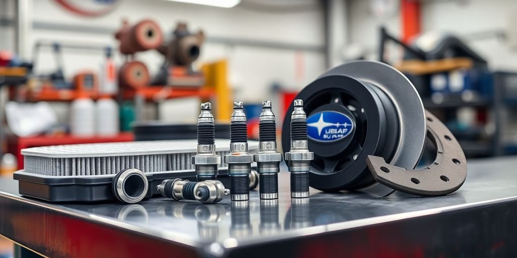 Assorted Subaru car parts on a workshop bench.