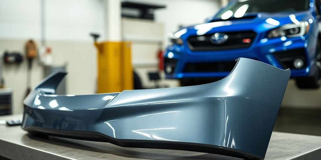 Shining Subaru car parts on a work bench.