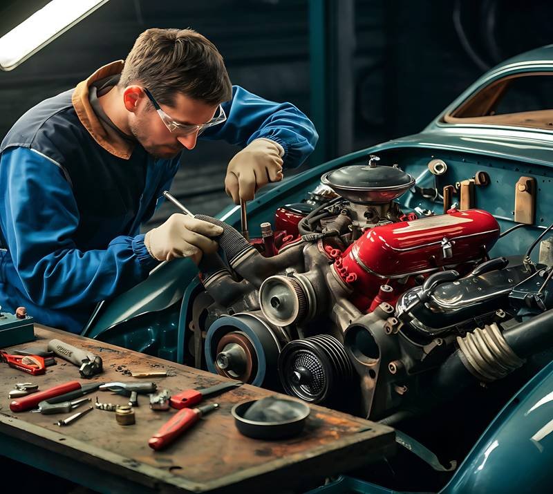 an automotive mechanic working on a car engine