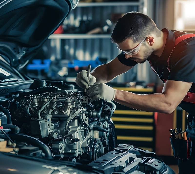 an automotive mechanic working on a car engine