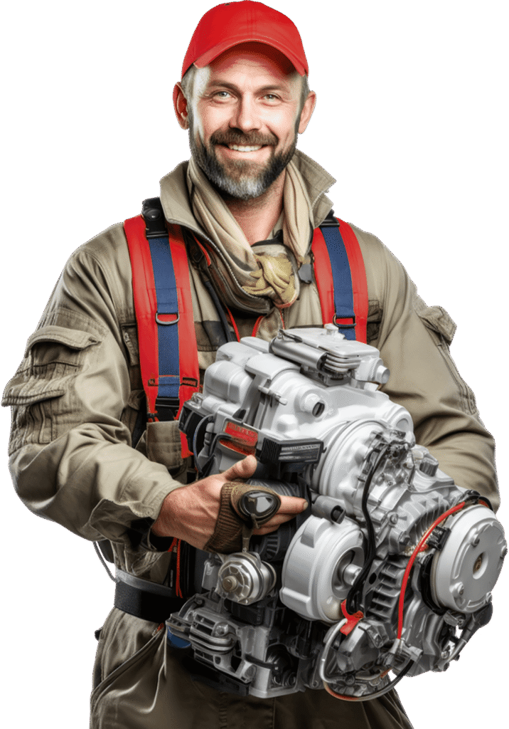 a mechanic holding an engine