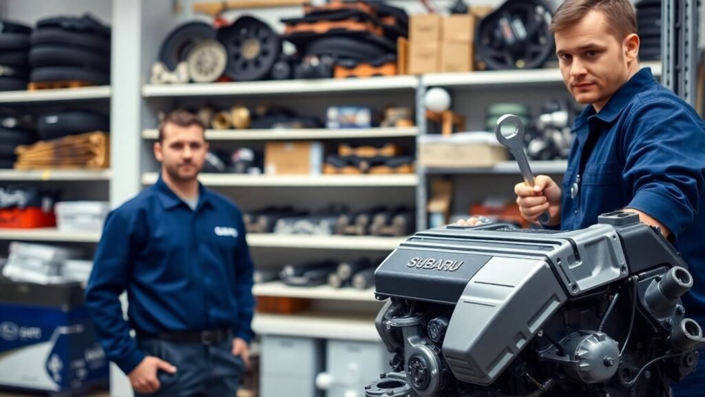 Subaru car parts and mechanic in workshop