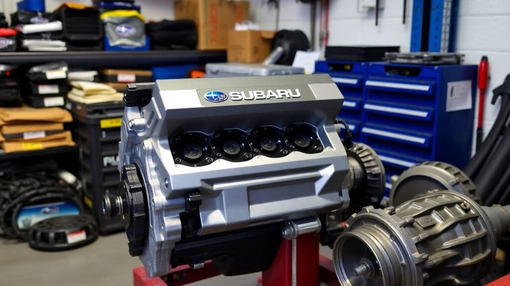Subaru engine and transmission parts in a garage.