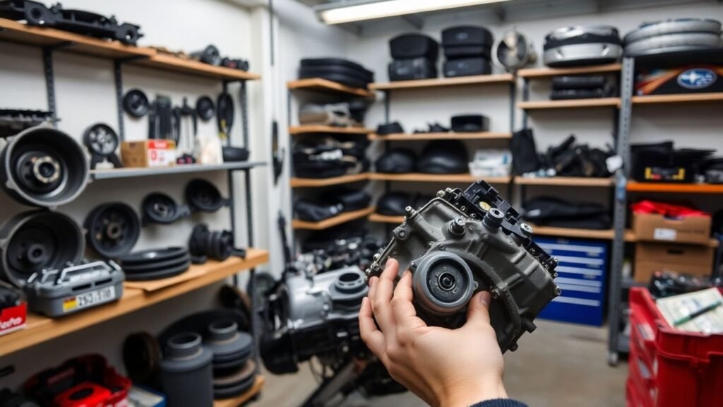 Subaru car parts in a workshop