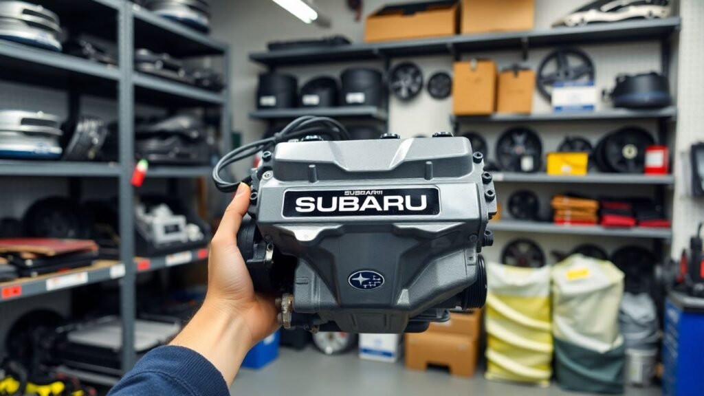 Subaru car parts in a workshop