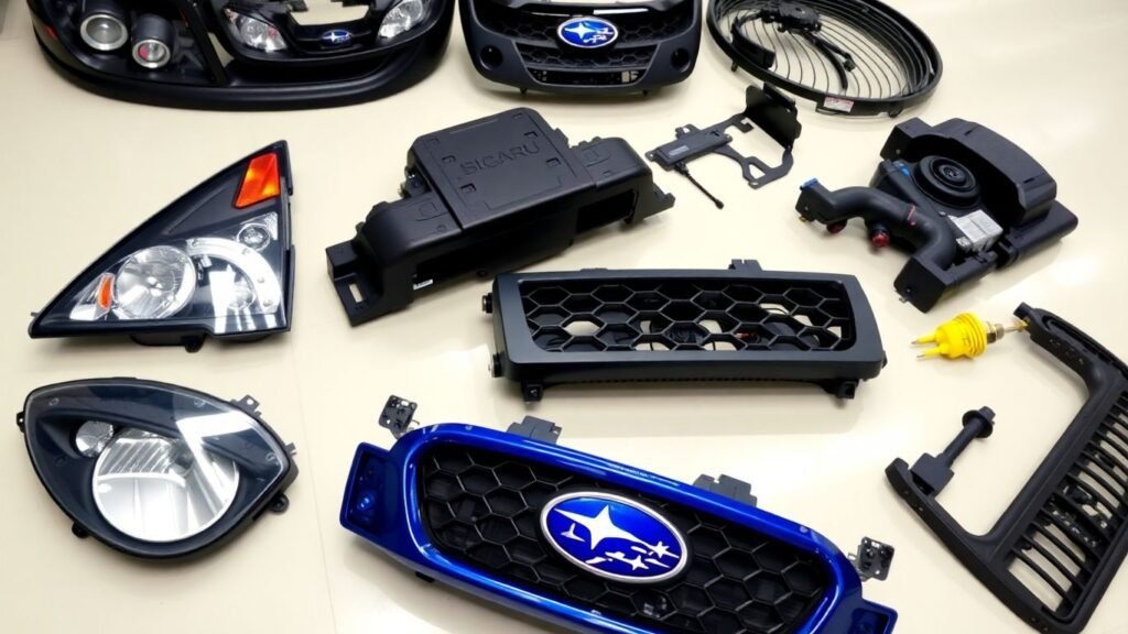 Subaru car parts laid out for online purchase.