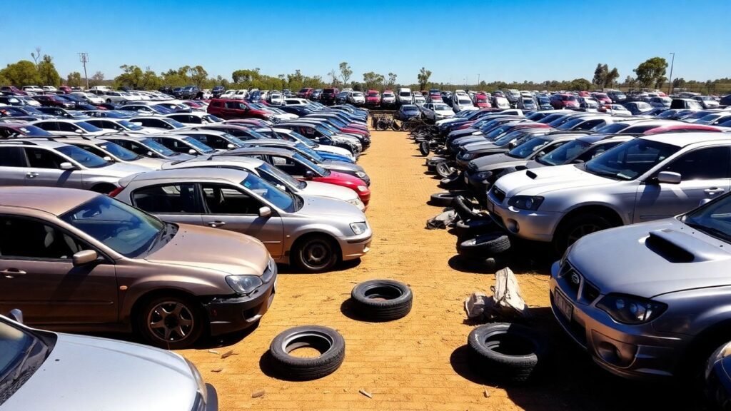 Subaru wrecking yard with rows of cars and parts.