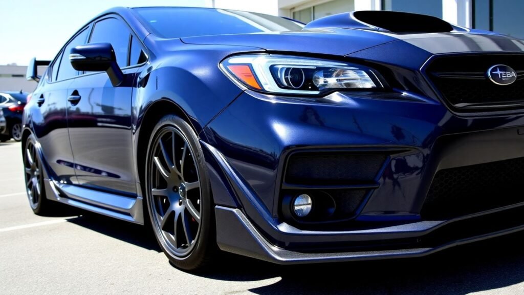 Subaru car with custom body panels and accessories.