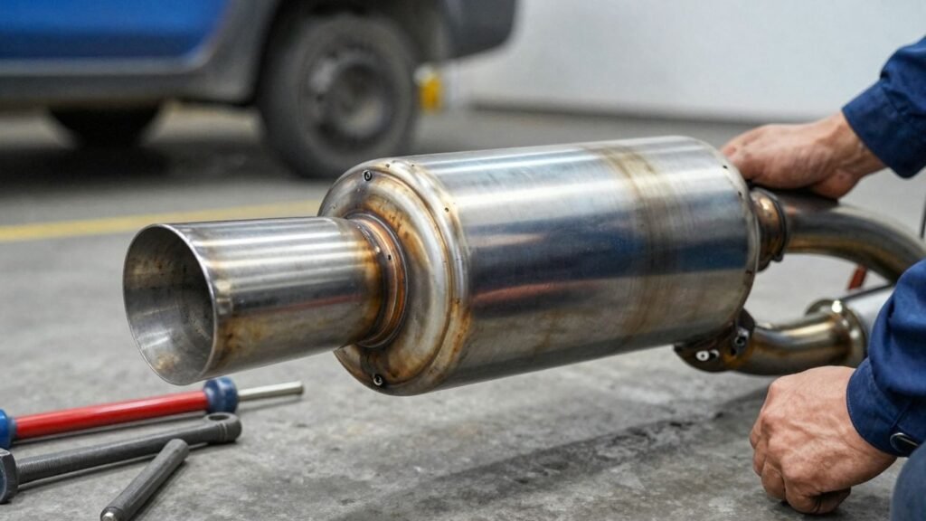 Subaru exhaust system with tools and hands.