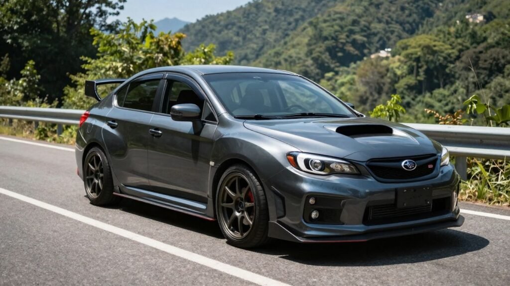 Modified Subaru WRX STI on a mountain road.