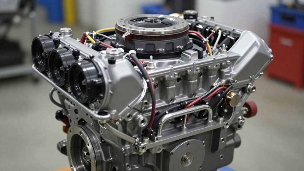 Subaru engine close-up, mechanical details, photographic