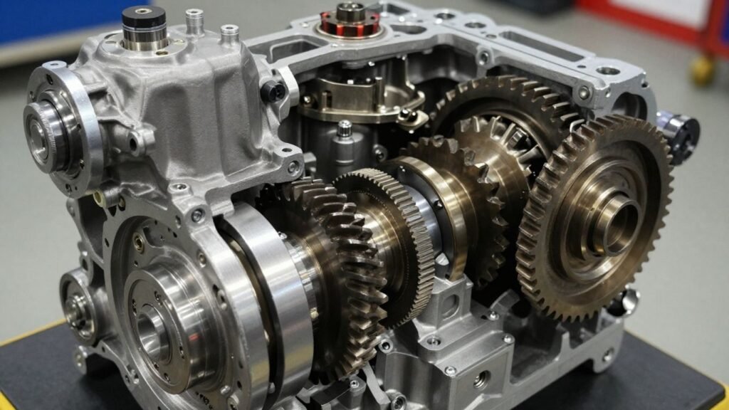 Subaru gearbox with visible gears and transmission components.