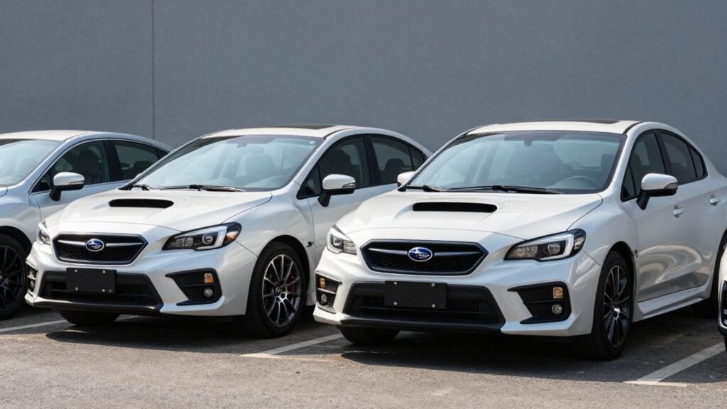 Subaru WRX and Liberty sedans parked together.