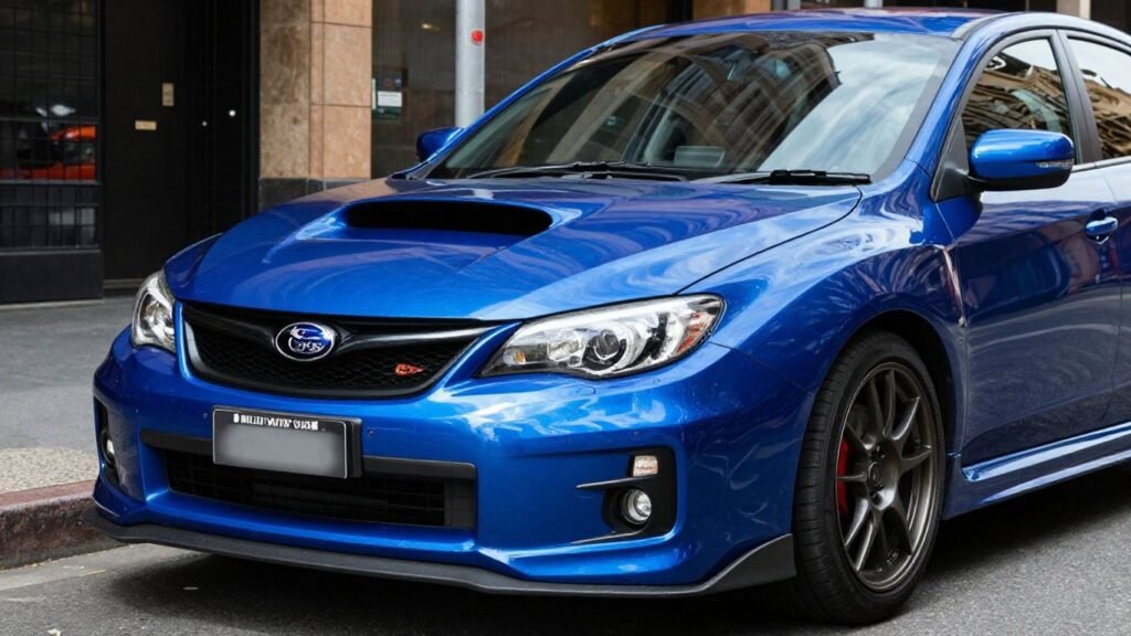 Blue Subaru WRX STI parked on a Sydney street.