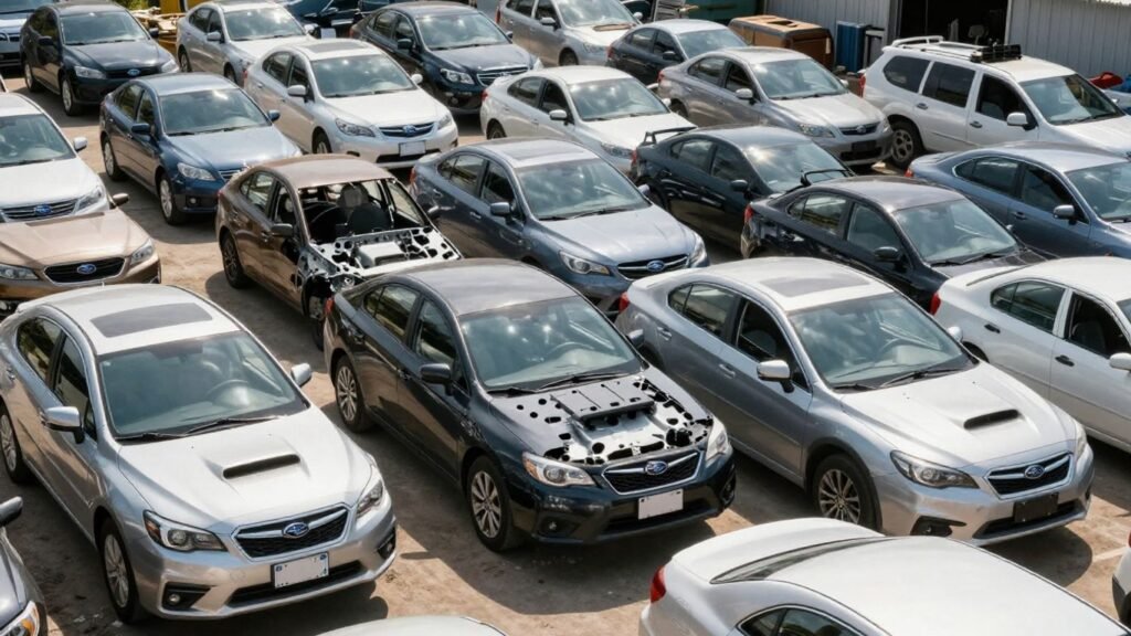 Subaru car parts at a wrecking yard.