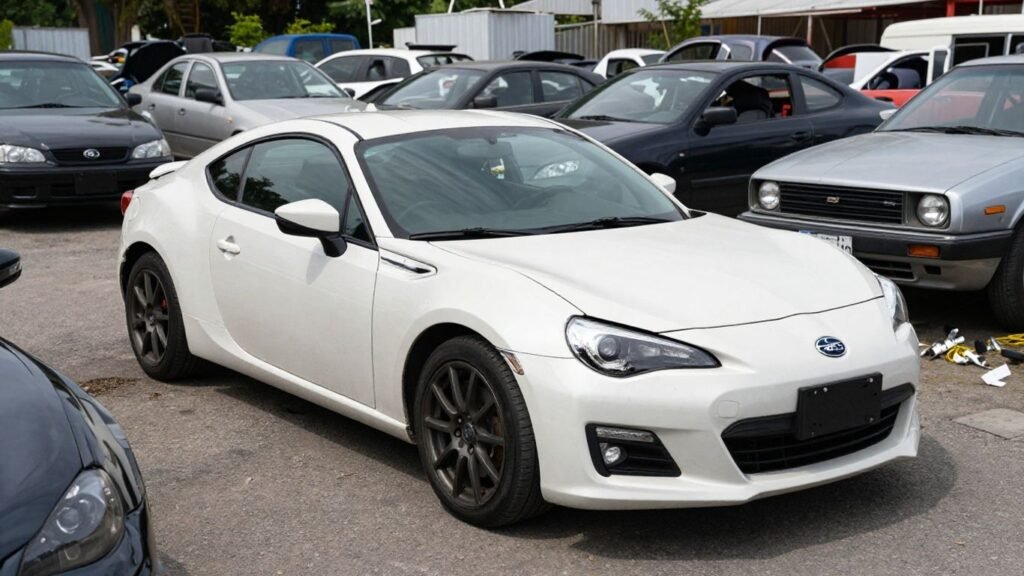Subaru BRZ car parts at a wrecking yard.